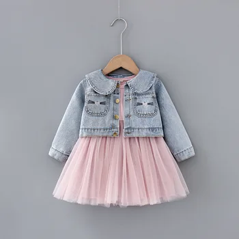 

Spring Baby Girl Cute Dress Cowboy Mesh Dress+Denim Coat 2pcs Sets Children Sweet Princess Dress Suit Kids Baby Girl Cloths