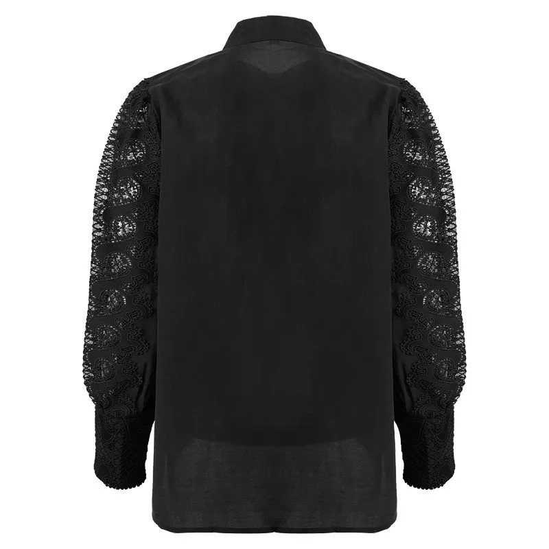 New Fashion Autumn Stand Collar Long Sleeve Single Breasted Hollow Out Stitching Lace Loose Blouse Shirt Women Q149