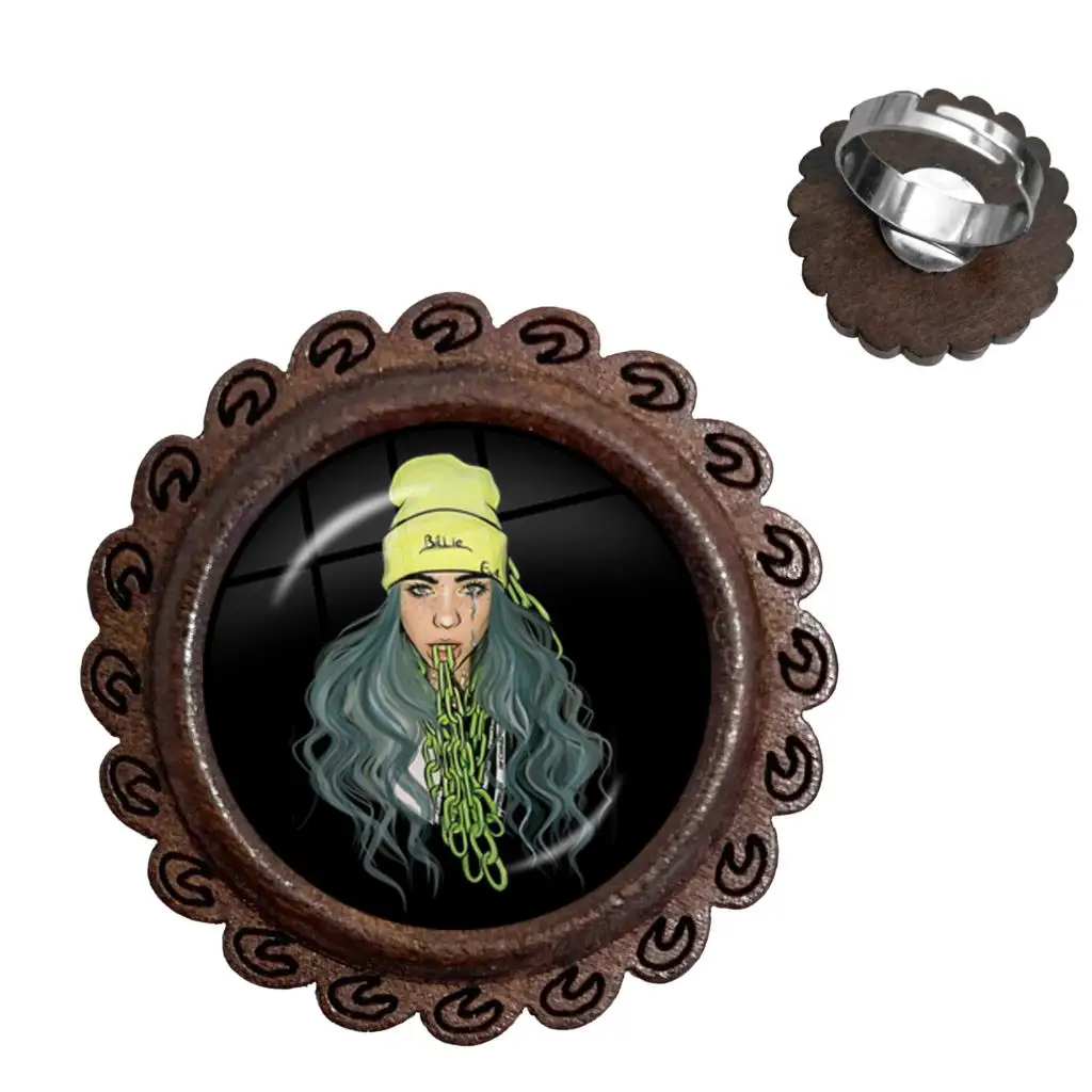 

Hip Hop Billie Eilish Rings Popular Young Singer Harajuku Art Picture Hip-hop Music Glass Dome Bad Guy Wood Rings For Fans Gift