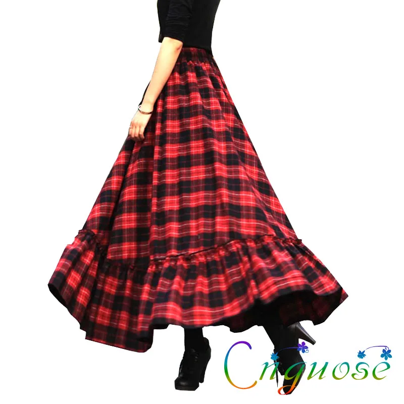 2019 Herfst Winter Plus Size XXXL 5XL 6XL Rood Rooster Plaid Ruche Wol Wollen Ontwerpen Vrouwelijke Casual Maxi Geplooide Rokken womens