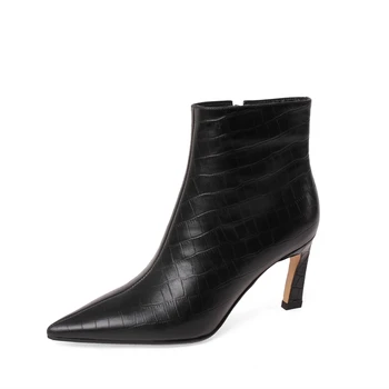 

Fashion Pointed Toe High Heels women boots Autumn Winter Genuine Leather Ankle Boots Retro Party Prom Shoes Woman