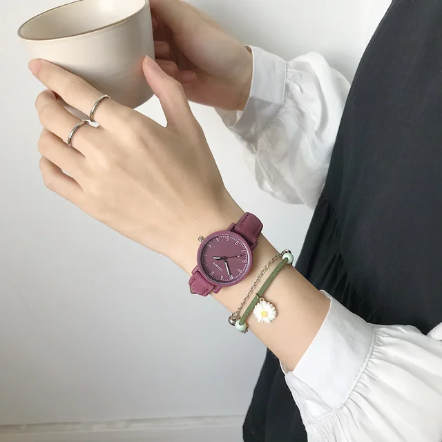Vintage Leather Simple Women Watches Ulzzang Brand Fashion Quartz Watch Qualities Ladies Wristwatches Retro Casual Female Clock Purple