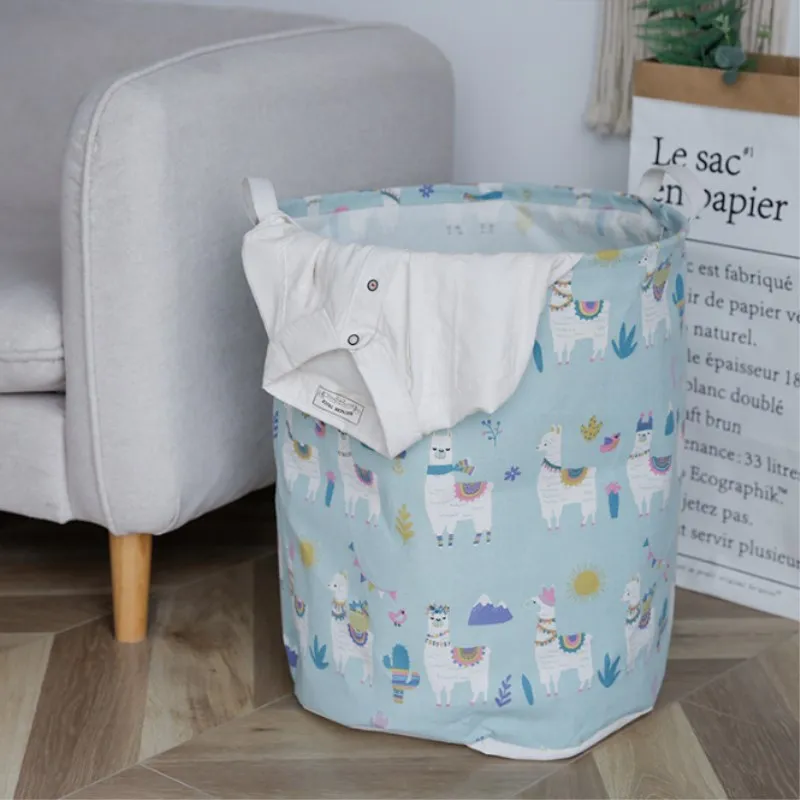 blue alpaca Folding Laundry Basket Cotton Linen Storage Basket Large Dirty Clothes Laundry Bucket With Handle Kids Toys Organizer Bin Hamper - Color: blue alpaca