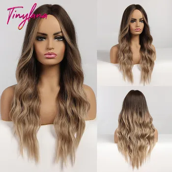 

TINY LANA Long Ombre Wavy Wigs Brown Blonde Middle Part Cosplay Synthetic Wigs with Bangs For Women Long Hair Wigs Fake Hair