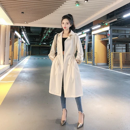 

The New Korean Version Skinny Windbreaker Autumn 2019 With Large Lapel And Backside Waistband Drawstring Female Trenchs