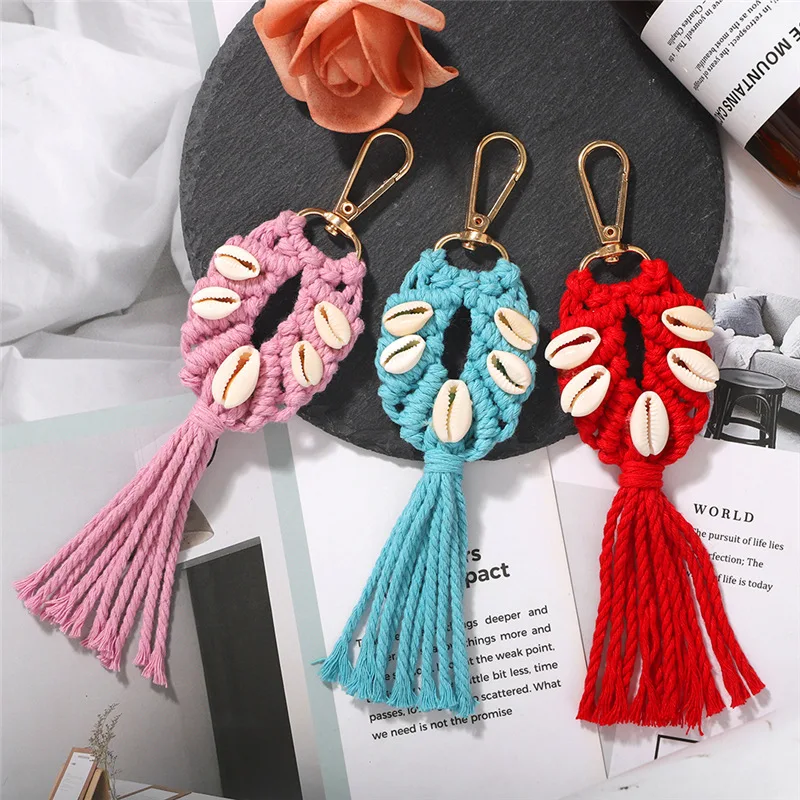 Hand Woven Macrame Fringed Keychain Creative Shell Cotton Thread Bag Pendant Women Ethnic Style Fashion Accessories Travel Gifts | Украшения