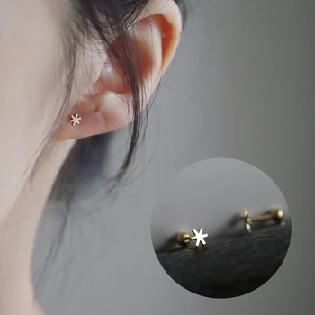

customized Mini four leaf small flower earring pure 9K GOLD zircon temperament simple small ear buckle screw in earrings