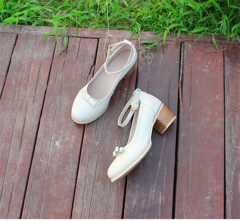 Japanese Buckle Strap Bow Women Oxford High Thick Heels Lolita Shoes British Genuine Leather Single Brogues Shoes Woman Size 43 (20)