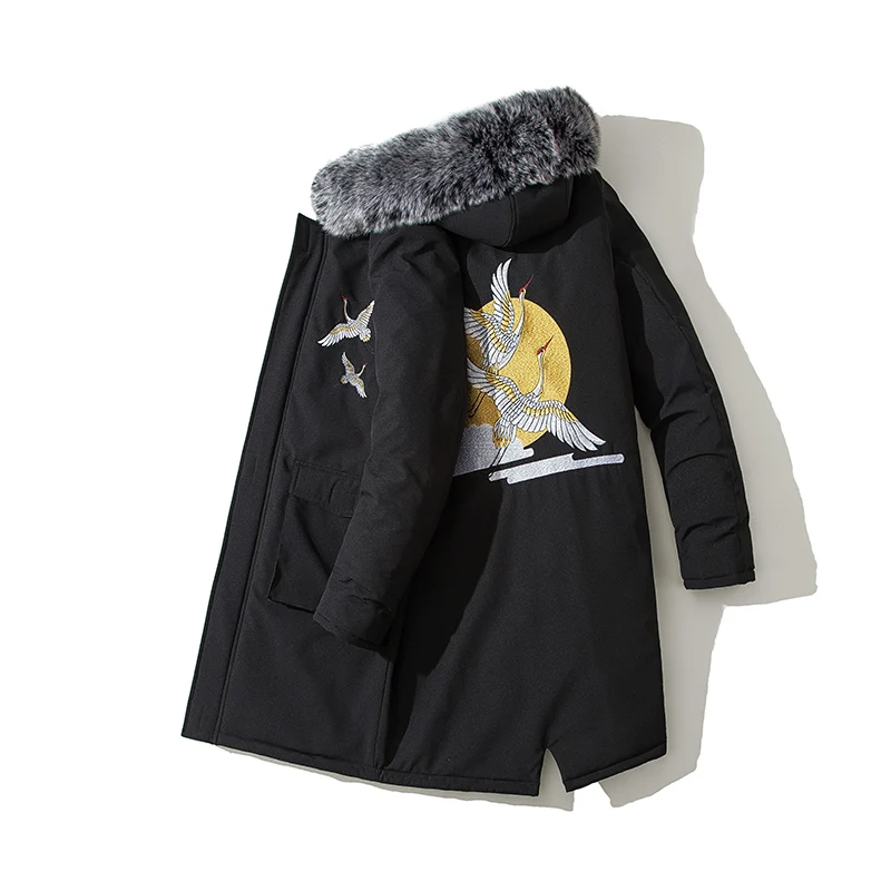 Fur Collar Hooded Down Jackets Men Winter Thicken Warm Long Cotton Padded Parkas Men Overcoats New Embroidery Long Coat Men