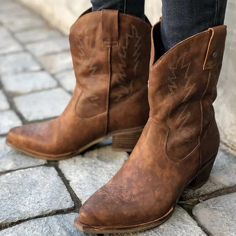 PUIMENTIUA/Классические ковбойские сапоги с вышивкой для женщин; кожаные женские ковбойские ботинки; обувь на низком каблуке; женские сапоги до колена - Цвет: brown