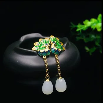 

Beautiful 925 Sterling Silver Green White HeTian Jade Water Drop Beads Dangle Lucky Ear Earrings Girl's Charm Gift Fine Jewelry