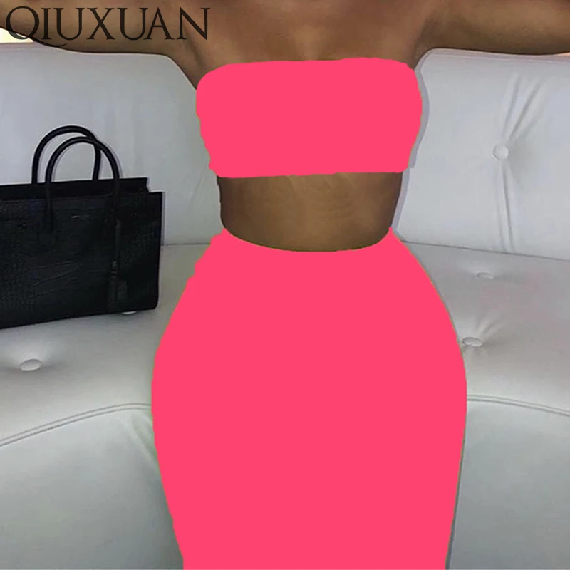 

Qiuxuan Sexy Neon Color Strapless Crop Top Stretchy High Waist Long Skirt Set 2019 Summer Female Fashion Women Two Piece Outfits