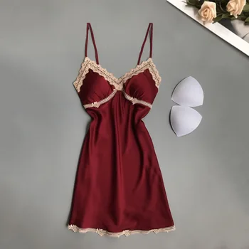 

Sexy Lace Night Dress For Women V-Neck Sleepwear Skirt Silk Nightgown Sleeveless Nightdress Ladies Nightwea Padded Homewear