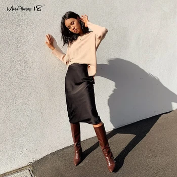 

Mnealways18 Elegant Satin Women Skirt Solid Black High Waist Silk Midi Skirt Ladies Casual Knee-Length Office Skirts Spring 2020