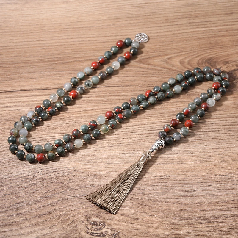 Natural Bloodstone 108 Mala Beaded Knotted Necklace Semi-Precious Meditation Yoga Japamala Jewelry with Tree of Life Pendant