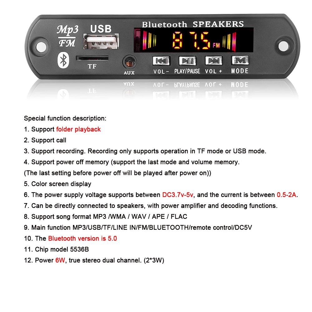 DC 5V 18V 50W Amplifier MP3 Decoder Board Bluetooth V5.0 Car MP3 Player USB Recording Module FM AUX Radio For Speaker Handsfree