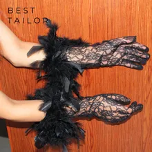 Кружевные свадебные перчатки для невесты с перьями, черные, белые, для торжественного платья, манжеты, свадебные аксессуары, Mariage gant mariage femme