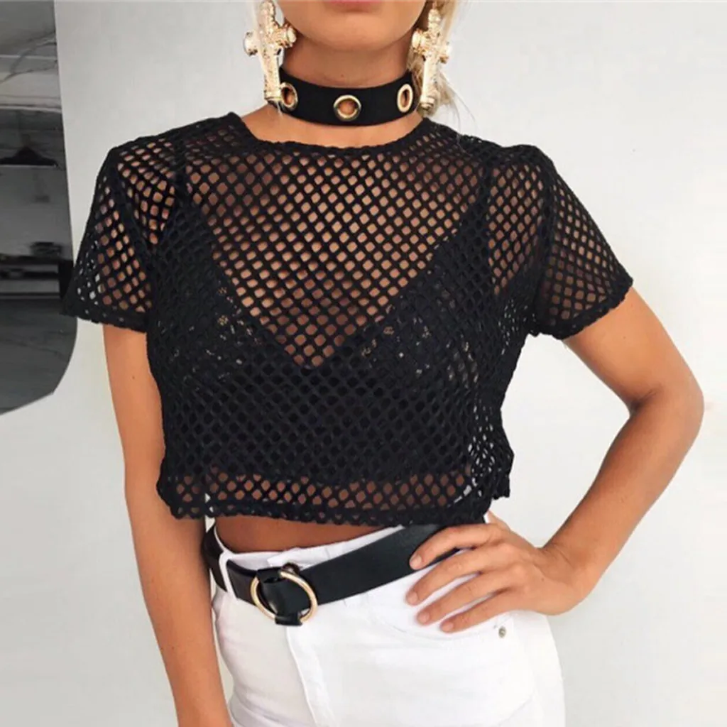 

2020 New Sexy Women See through Hollow out Perspective Sheer Navel Fishnet Tee Bodycon Short Sleeve Tops Beach Top Shirt