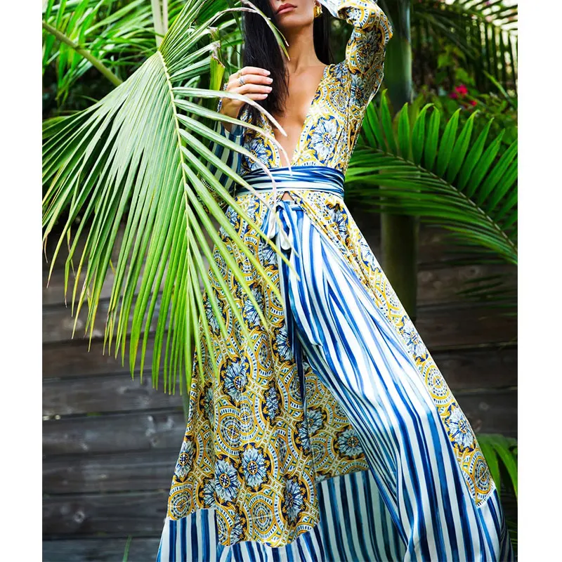 Peachtan Vintage print cover-ups 2020 Bandage swimsuit cover ups Long sleeve dress female Deep v neck beach wear bathing suit Peachtan Vintage print cover-ups 2020 Bandage swimsuit cover ups Long sleeve dress female Deep v neck beach wear bathing suit