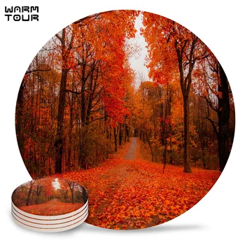 

4/6/8 PCS Forest Maple Leaves Red Trees Placemat Ceramic Drink Coasters Table Decoration Absorbent Moisture