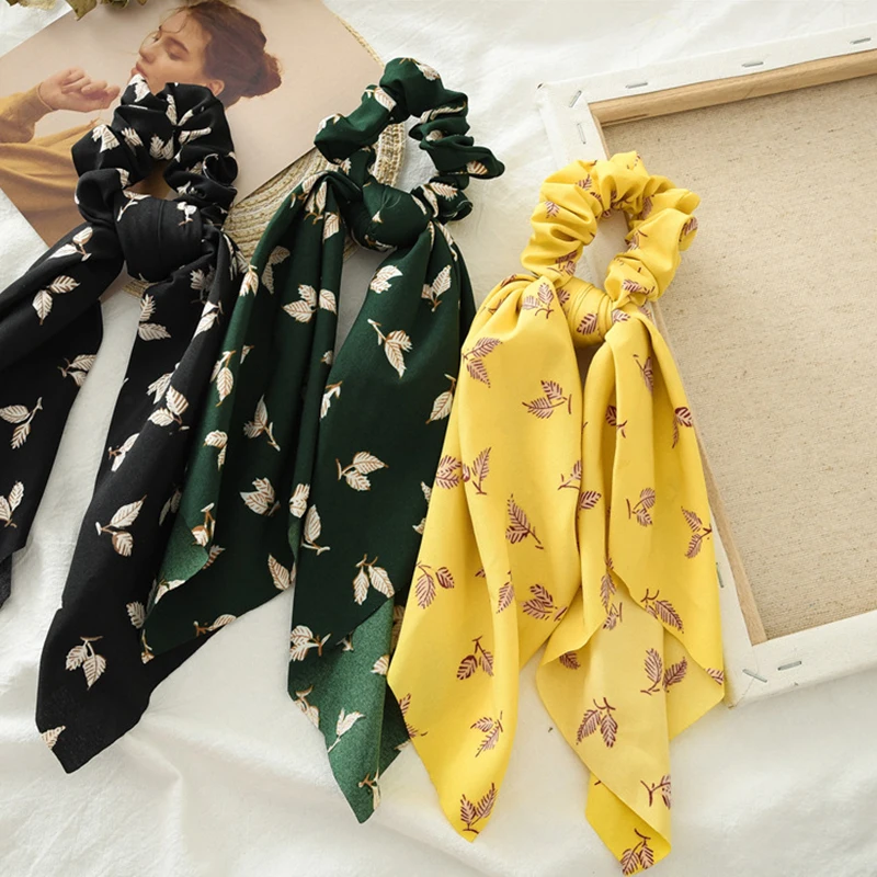 Новые листья печати Эластичный шарф для волос для Для женщин сладкие нарисованной длинноволосой девочкой, галстуком-бабочкой Scruniches хвост держатель волосы резинки аксессуары