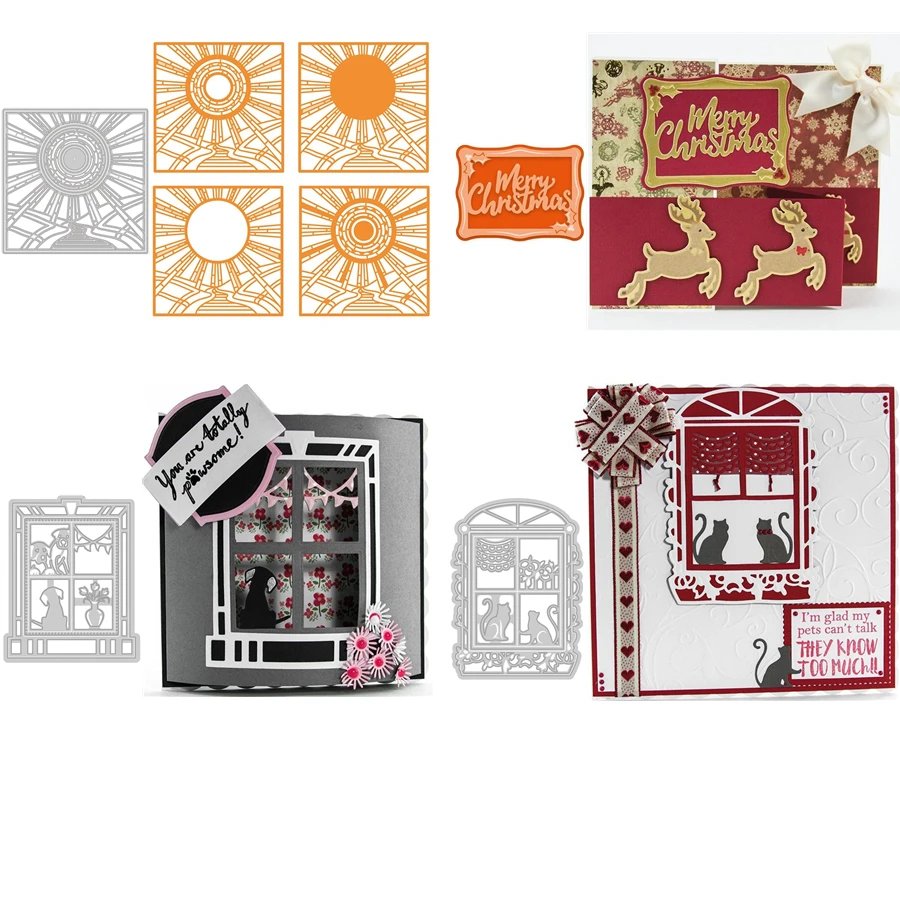 

4 Pieces Good Frame Sun Merry Christmas Word Elegant Checkered Window Cat Dog Metal Cutting Dies For DIY Scrapbooking Album Card