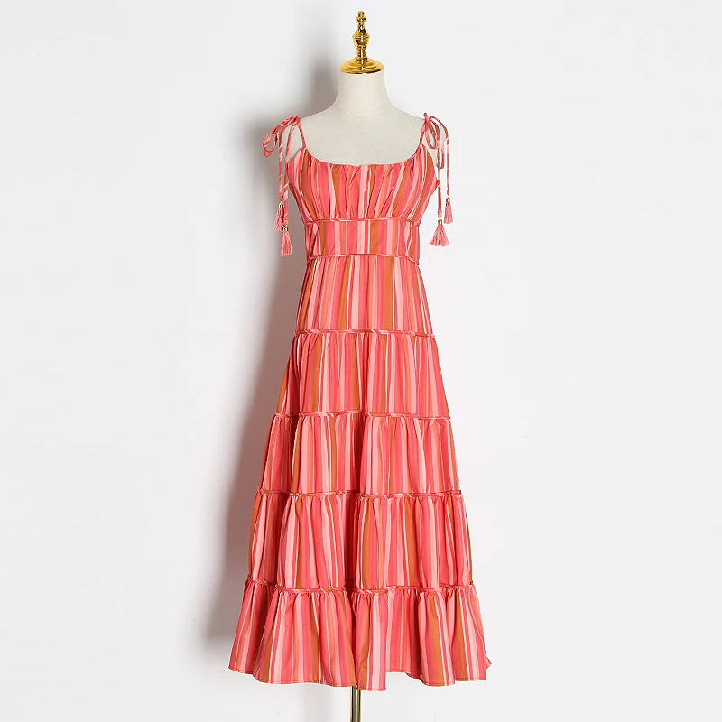 TWOTWINSTYLE Полосатое богемное платье для женщин квадратный воротник спагетти ремень Высокая талия линия платья для женщин осень мода