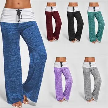 

Summer Women Casual Loose Color Block High Elastic Waist Harem Wide Leg Trousers Drawstring Sports Female Long Pants
