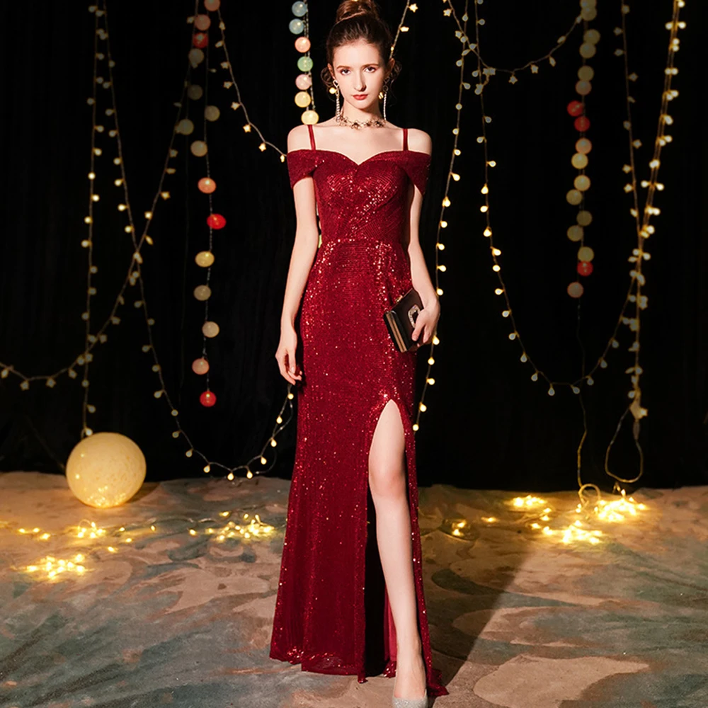 

Off-shoulder Spaghetti Strap Evening Dress Split Floor-length Formal Dress Party Vestidos Shining Sequins Robe Long Gowns