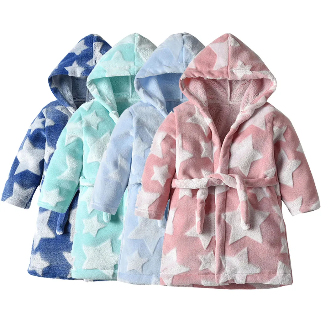 Winter Children Fleece Pajamas Warm Flannel Sleepwear Boys Girls Star Hooded Flannel Bathrobes Towel Night-Gown Sleepwear 1-6Y
