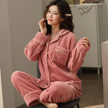 

Flannel Pajama Set Women Winter Sleepwear Lapel Cardigan Pocket Solid Loungewear Thick Warm Luxurious Homewear Pijama Mujer