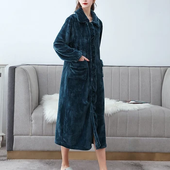 

Robes Women Flannel Mid-calf Autumn Winter Full Sleeves Solid Color Korean Style Warm Comfortable Absorption Thicken Large Size