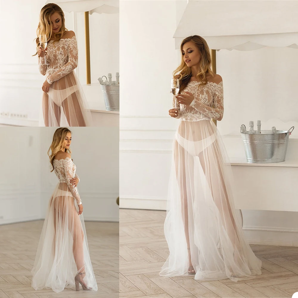 

Elegant Custom Made Dresses Lace Off Shoulder Applique Gown Wedding Long Sleeve Prom Party Bridal Photoshoot Nightgowns