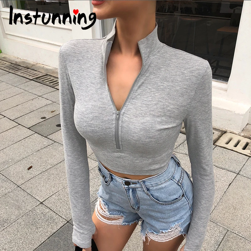 

Instunning Zipper Turtleneck Long Sleeve Cropped T-Shirts Cotton Slim Elastics Solid Autumn Clothing Women Short Tee Streetwear