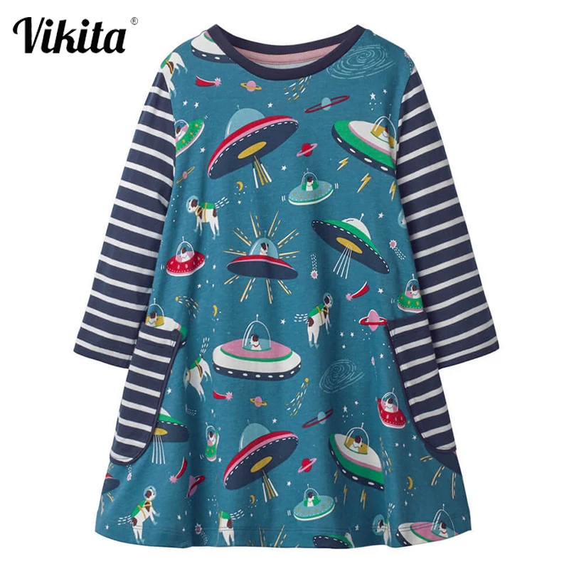 

VIKITA Kids Girls Dress Toddlers Long Sleeve Dresses Children Autumn Clothing Girls Cotton Striped Dress Kid Tops Casual Outfits