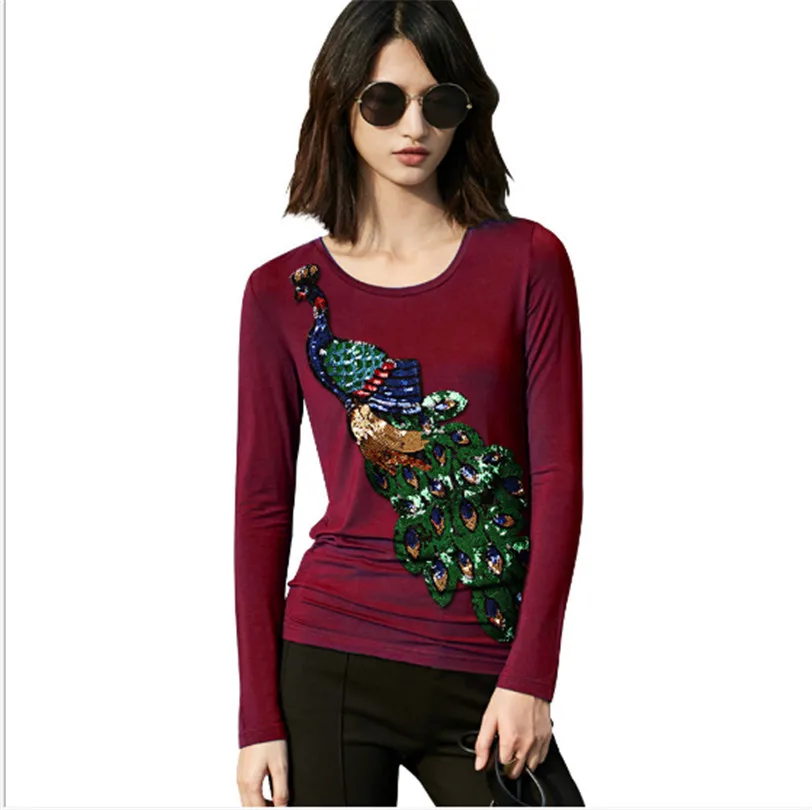 

Fashion Tee Shirt Female Peacock Sequins Tees Women Long Sleeve tshirt 2019 High Quality Cotton Embroidery T Shirt