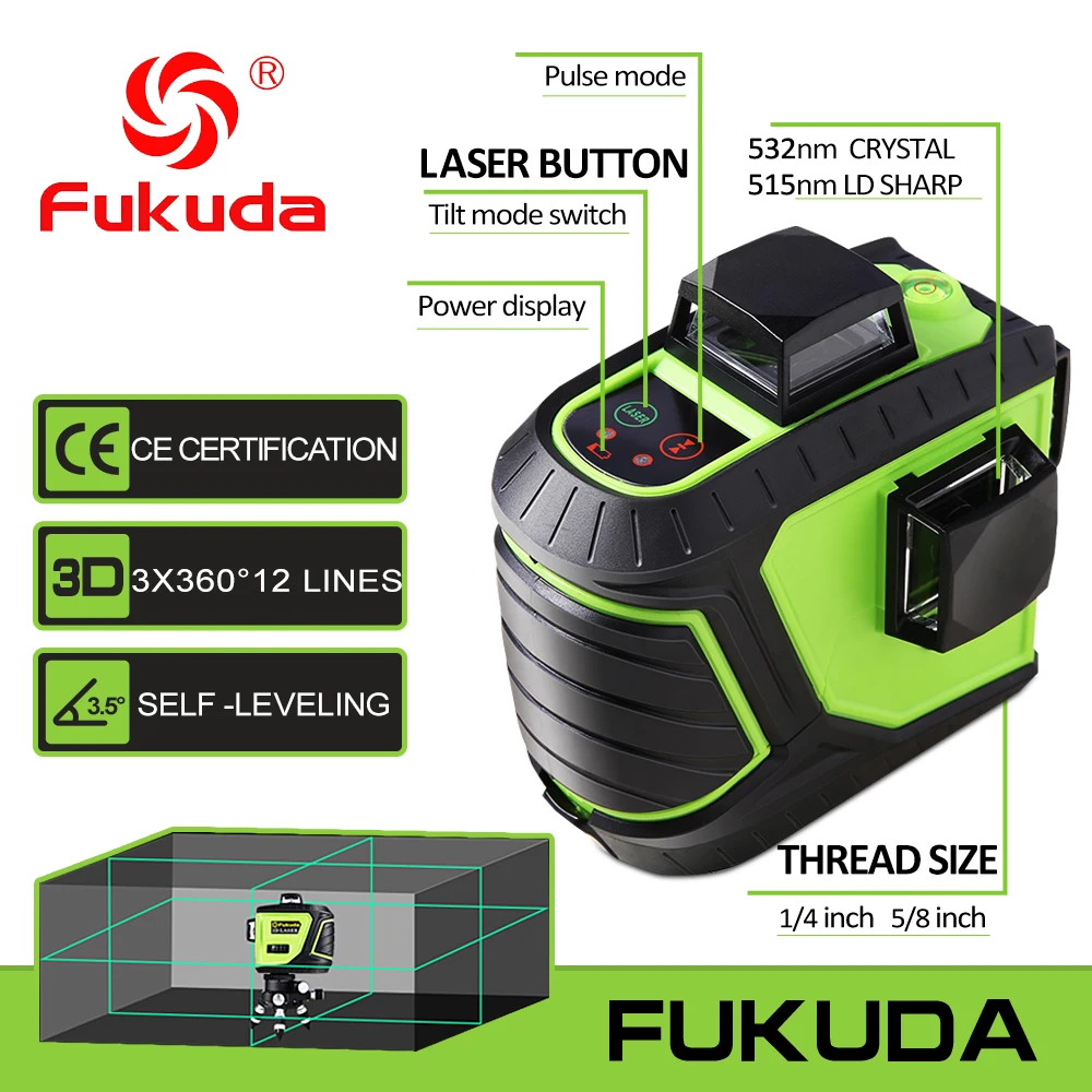 Fukuda marque 12 lignes 3D 93T-3GX niveau Laser pointu auto-nivelant 360 Horizontal Vertical croix Super puissant faisceau Laser vert