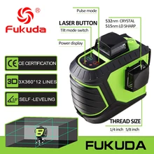 Fukuda Marca 12 Linhas 3D MW-93T-3R 360 Horizontal E Vertical do Nível de Auto-Nivelamento A Laser Cruz Super Poderoso Laser VERDE feixe