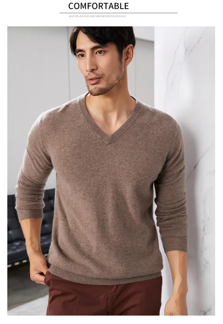 Autumn And Winter New Men's Cashmere Sweater V-neck Pullover Sweater 100% Wool Sweater Loose Casual Bottoming turtleneck sweater men