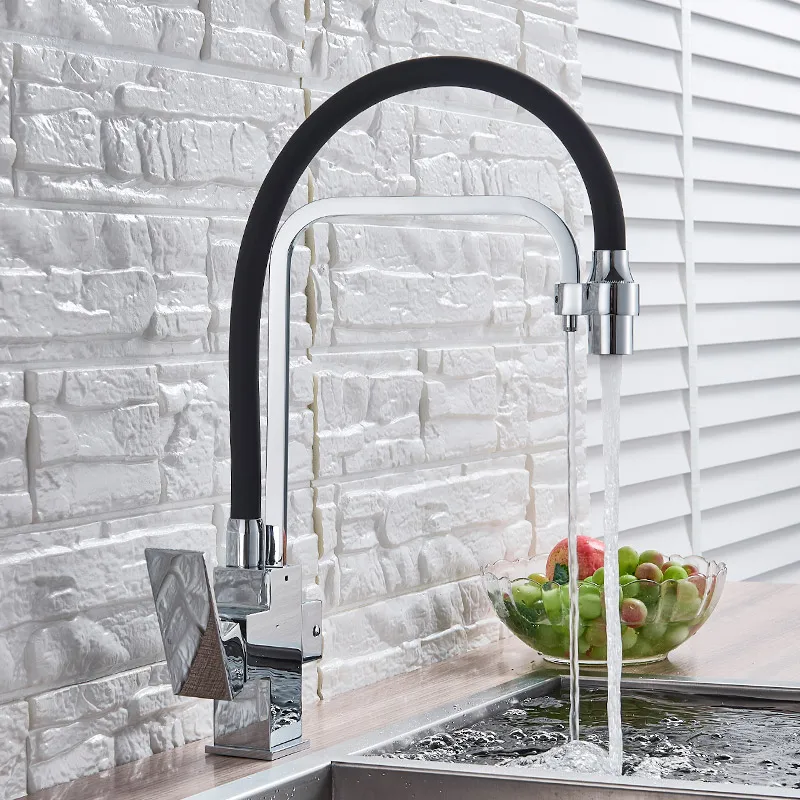 Chrome Waterfilter taps kitchen faucets Dual Handle Deck Mounted Mixer Tap 360 Degree rotation Water Purification Feature Crane - Цвет: Chrome with Black