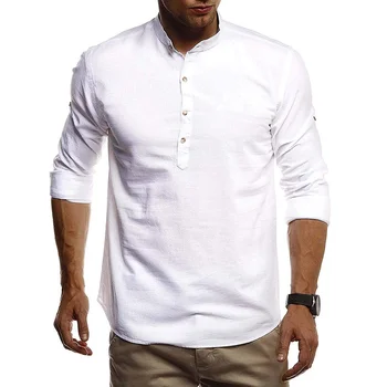 

Cotton Linen Men Shirts Man Long Sleeve Solid Color Stand Collar Chinese Clothes Male Casual Pullover Shirts Y2094