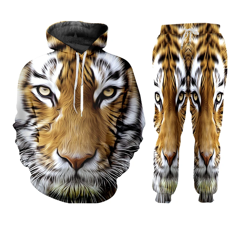 3D Animal Tiger Men's Autumn Winter Sets Zipper Hoodie Pants Pieces Casual Tracksuit Male Sportswear Gym Clothing Sweat Suit