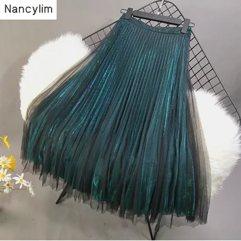 

Pleated Gauze Skirt Women's Bright Silk Mesh Skirts with High Waist Bitter Fleabane Pleated New Spring Summer 2019 Skirt Lady