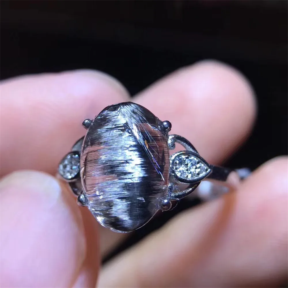 

11x8mm Genuine Natural Brookite Silver Rutilated Quartz Ring For Women Men Lucky Gemstone Crystal Adjustable Ring Jewelry AAAAA