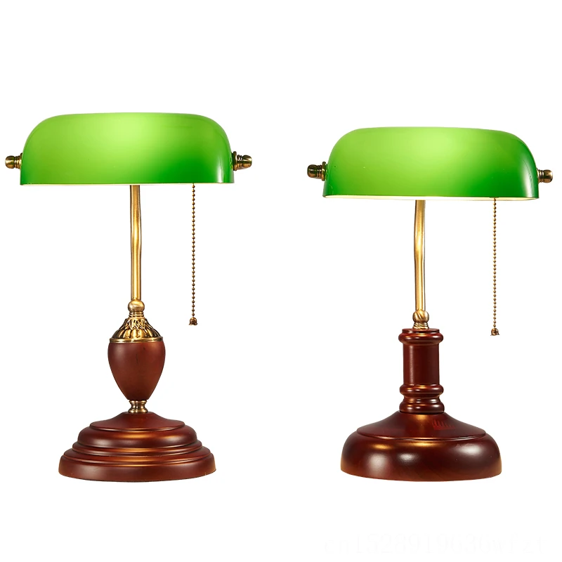 Retro Wooden Base Table Lamp Green Glass Office LED Desk Lamp Learn To Read Lamps Table Student Learning Decoration Luminaria