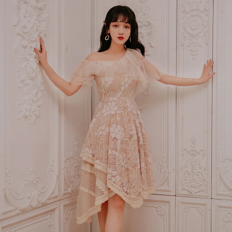 

2020 New Irregular Lace Dress Summer New Slim Short-Height Temperament Trip Shoot Holiday Medium-Length Dress