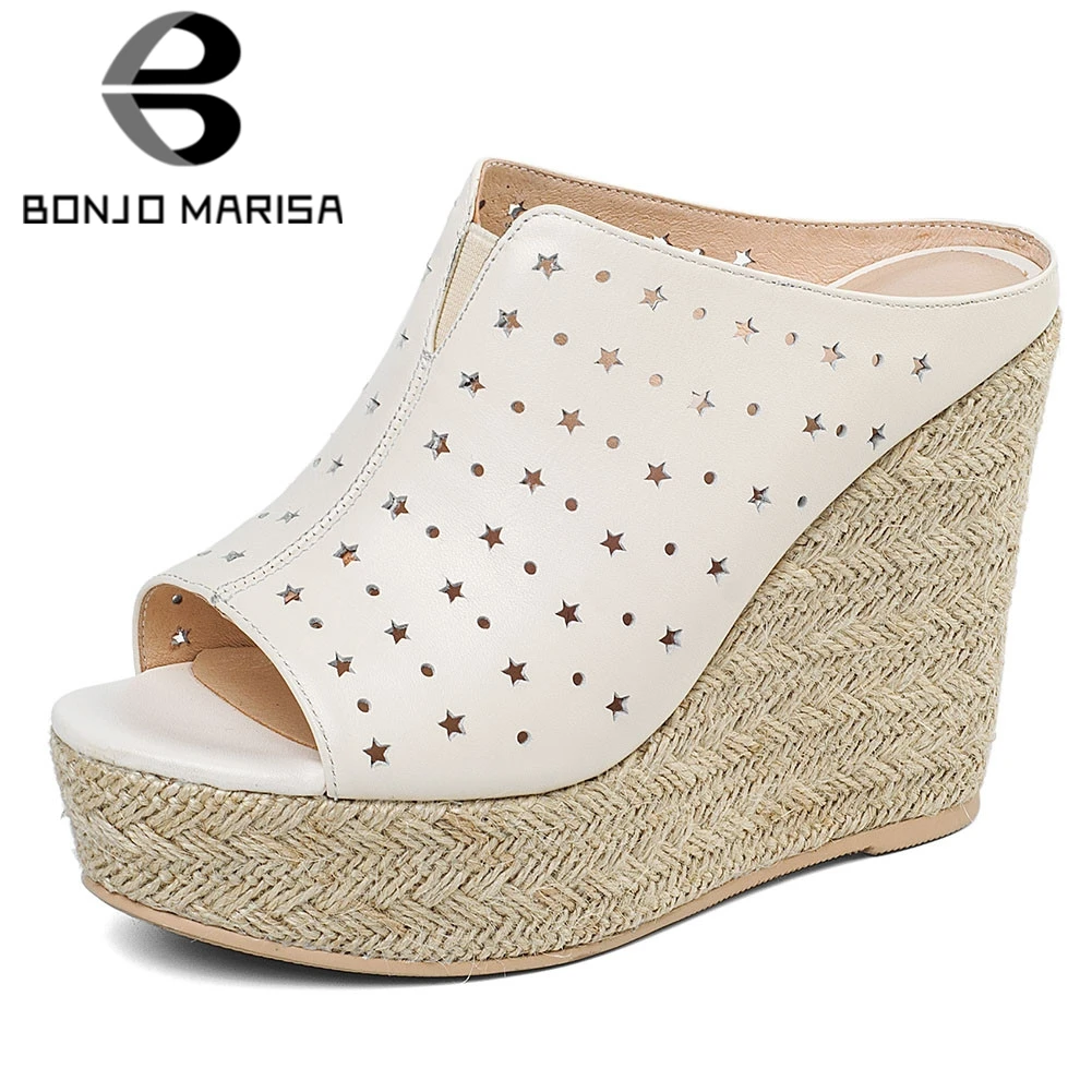

BONJOMARISA New Genuine Leather Ladies Wedges High Heels Slippers Hollow Platform Summer Slippers Women Party Sexy Shoes Woman