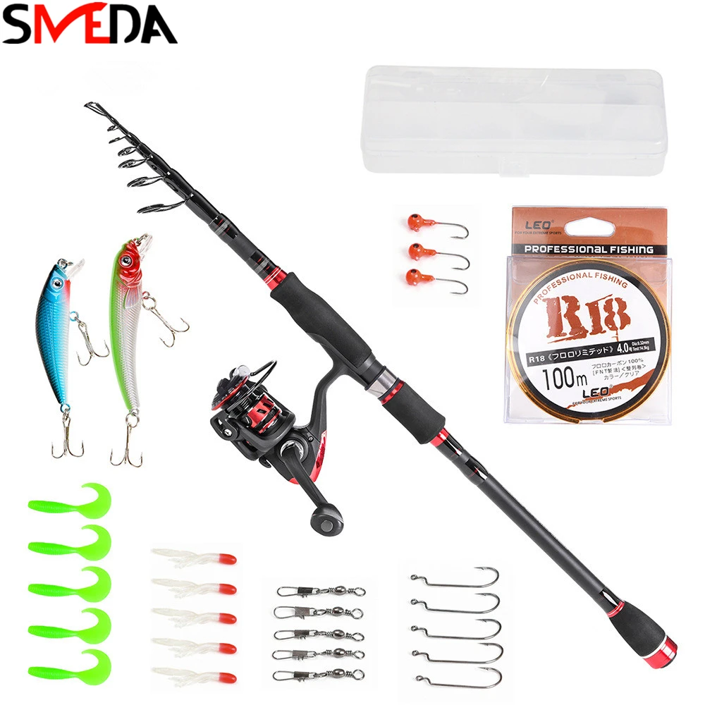 Telescopic Fishing Rod Combo and Reel Full Kit Spinning Fishing Reel Gear Pole Set 100M Fishing Line Lures Hooks Jig Head