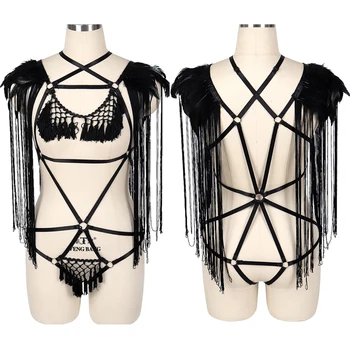 

Feather Tassel Harness Bra Garter Set Goth Hollow Out Sexy Lingerie Full Body Bondage Harness Elastic Cage Bra Dance Leg Belts