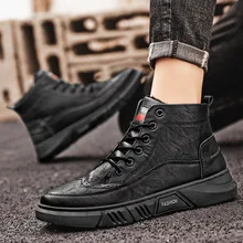 

Men Boots Men Casual Shoes PU Solid Color Plus Velvet Round Shape Flat Lace Anti Slip and Waterproof Men Work Shoes Boots